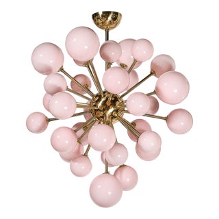 Modernist Handblown Murano Frosted Pink Hue Glass & Brass Sputnik Chandelier For Sale