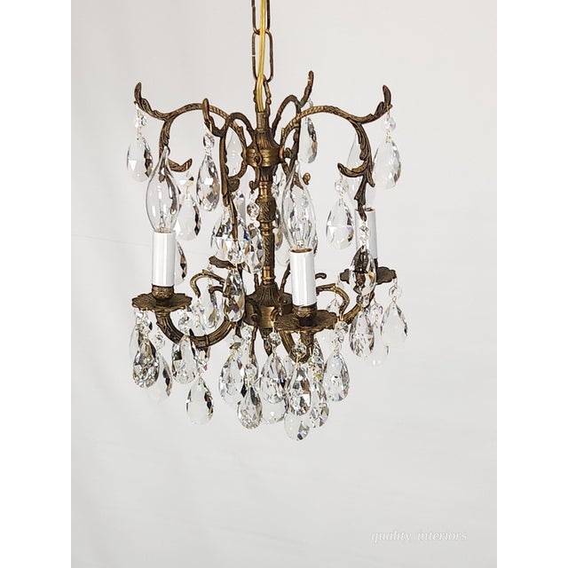Metal Antique 4 Arm 4 Light Lovely Lavish Brass Cut Lead Glass Crystal Chandelier For Sale - Image 7 of 12