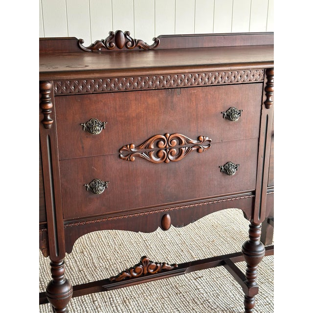 Wood 1920s Antique Jacobean Revival Mahogany Sideboard For Sale - Image 7 of 14