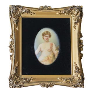 Antique Hand-Painted Porcelain Plaque of a Classical Female Nude in Gilt Frame For Sale