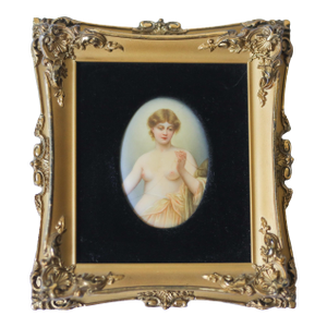 Antique Hand-Painted Porcelain Plaque of a Classical Female Nude in Gilt Frame
