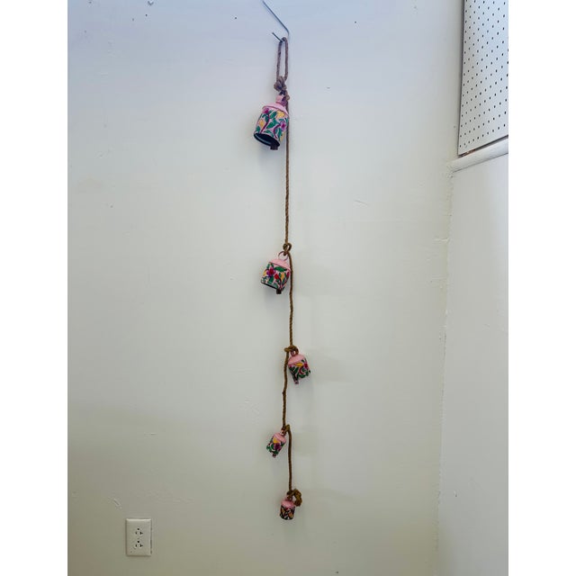 1970s Hand-Painted Pink Metal Bell Garland With Floral Motif, Set of 6 Decorative Hanging Bells. For Sale - Image 10 of 10