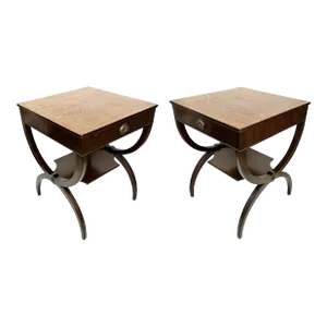 Pair Mahogany Curule Leg End Tables Signed E. Thelen