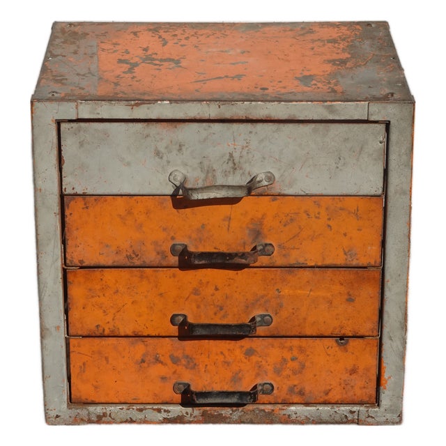 Vintage Mid Century Modern Industrial Steel Table Top File Cabinet Four Drawers For Sale
