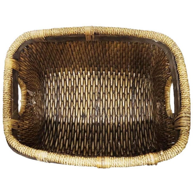 Wood Large Rustic Woven Rattan Market Basket With Handles For Sale - Image 7 of 7