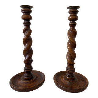 English Barley Twist Oak Candlesticks - a Pair For Sale