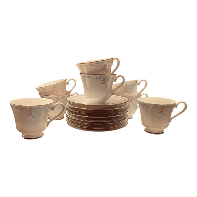 Late 20th Century Original Royal Doulton “Pink Carnation” Bone China Cup & Saucer Set of 4 (8 Pieces).Footed Cup/French Loop Handle.2 Sets Available. For Sale