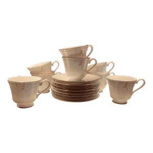 Late 20th Century Original Royal Doulton “Pink Carnation” Bone China Cup & Saucer Set of 4 (8 Pieces).Footed Cup/French Loop Handle.2 Sets Available.