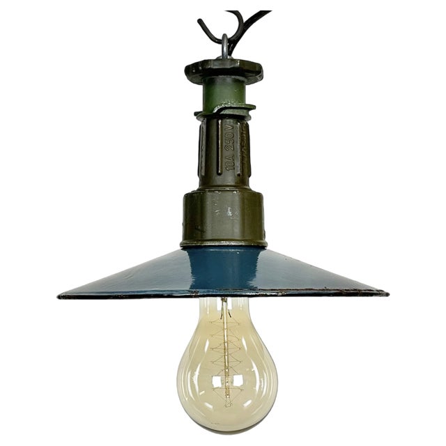 Industrial Blue Enamel Factory Pendant Lamp with Cast Aluminium Top, 1960s For Sale