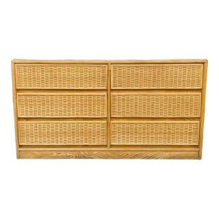 Sleek 1970's Rattan & Wood Six Drawers Dresser For Sale