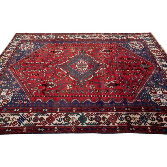1960s 1960s Vintage Persian Shiraz Handmade Red Medallion Wool Rug For Sale - Image 5 of 7