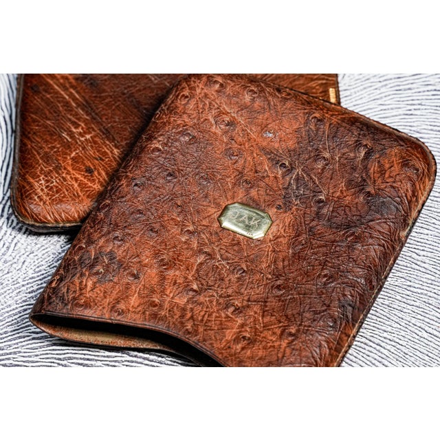 Exotic Ostrich Leather Antique Cigar Case Holder Luxury Art Deco 14k Gold For Sale - Image 4 of 11