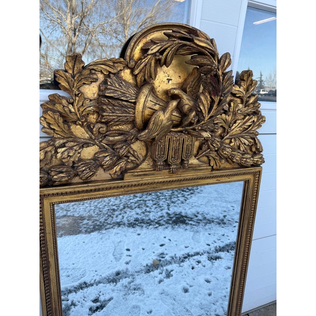 Large Carved Antique Regency Carved Wood Gold Mirror.. 64” Tall. Three Dimensional Carving Doves and Cornucopia. For Sale - Image 4 of 8
