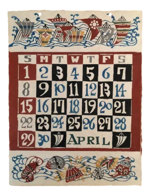 Vintage Japanese Calendar Print April Mid Century