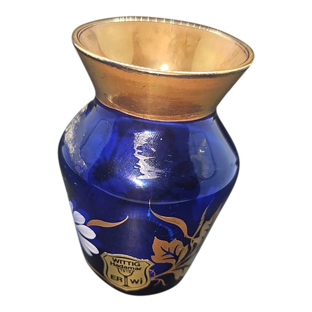 Vintage Wittig Hadamar 1919 ERWi Echt Gold Cobalt Blue Crystal Vase Hand Painted For Sale