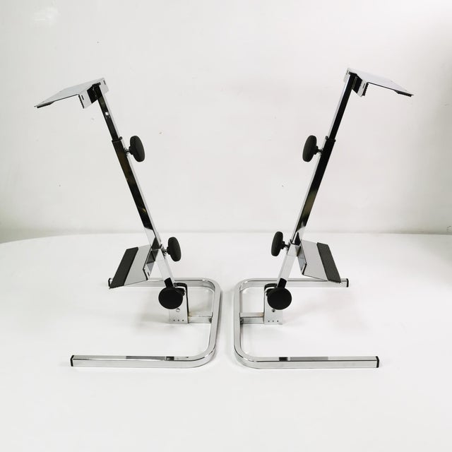 Audio speaker stands, originating in Germany in the 1970s. Made of chrome-plated metal. Practical and easy to adjust –...