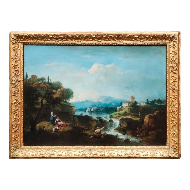Francesco Zuccarelli, Landscape with River and Waterfall, Oil on Canvas, 18th Century, Framed For Sale