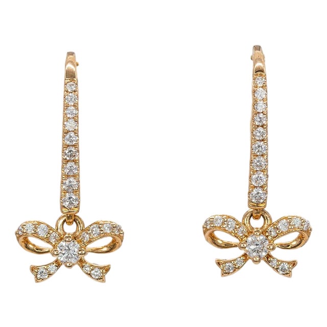Earth-Mined Diamond Bow Earrings: Solid 14k Gold – Leverback – Gift for Her, A Pair For Sale