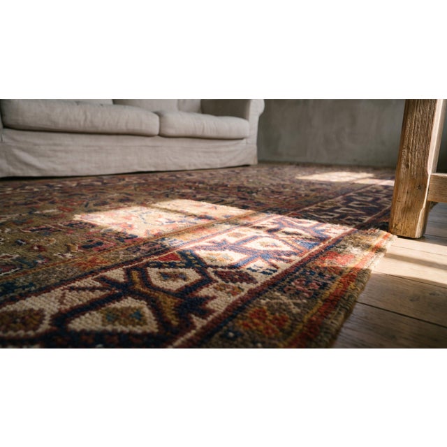 1870s Brown Geometric Tribal Antique W. Persian Kurdish Runner Rug 3'9" X 11'3" Handknotted Wool Carpet For Sale - Image 9 of 9