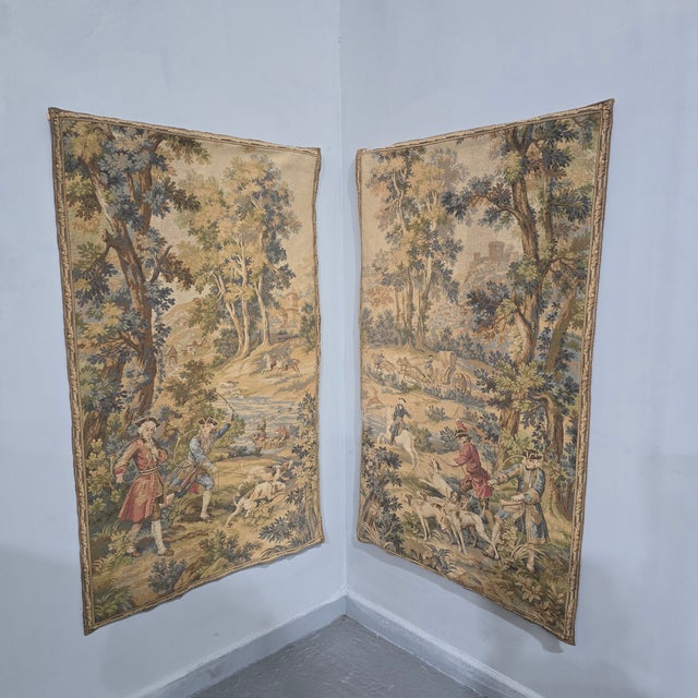 Very nice pair of French lined hanging tapestries, in very good overall condition, good colours. 57" length 35" wide