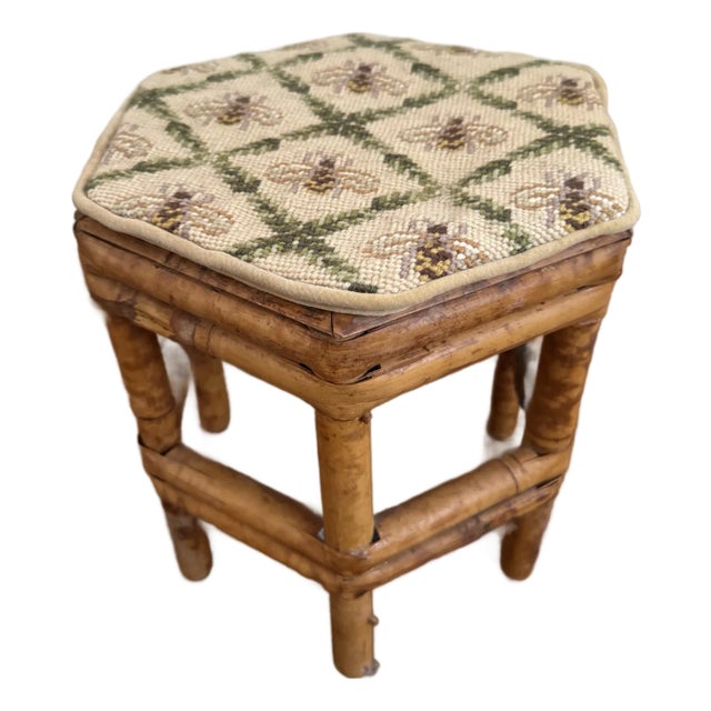Vintage Burnt Bamboo Stool With Hand-Stitched Needlepoint Top For Sale