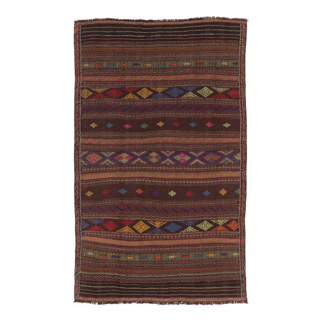 Vintage Persian Soumak Kilim, Vibrant Diamonds on Rich Brown Tones - Rug & Kilim For Sale