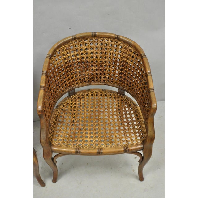 Mid 20th Century Vintage Hollywood Regency Faux Bamboo Wood & Cane Barrel Back Lounge Chair, Pair For Sale - Image 5 of 15