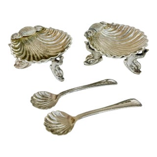 Pair of Antique French Louis XV Style Silver Plate Shell and Dolphin Form Salt Cellars or Caviar Dishes With Spoons For Sale