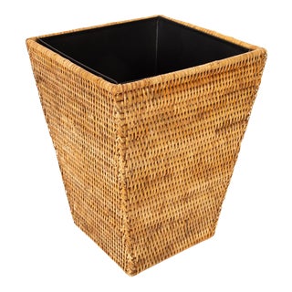 Artifacts Rattan Square Tapered Waste Basket with Metal Liner in Honey Brown For Sale