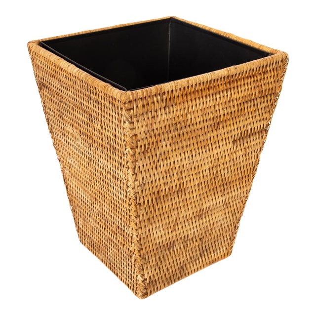 Artifacts Rattan Square Tapered Waste Basket with Metal Liner in Honey Brown For Sale