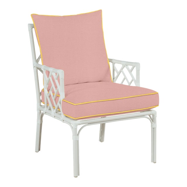 Haven Outdoor Occasional Arm Chair in Canvas Blush with Canvas Buttercup Welt For Sale