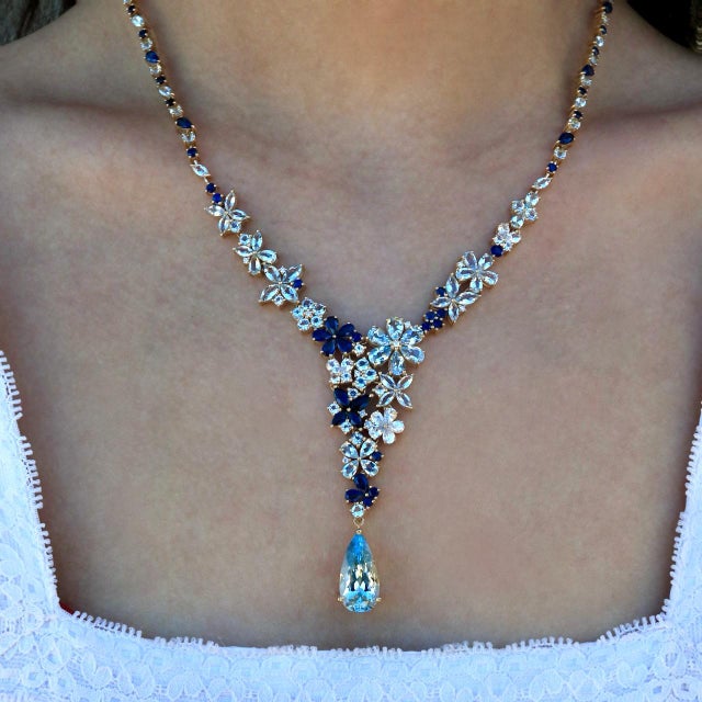 Sky Blue Nina Zhou Symphony Aquamarine Sapphire Statement Necklace For Sale - Image 8 of 8