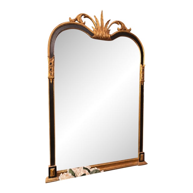 Ornate Gold and Black Beveled Wall Mirror With Botanical Crest For Sale