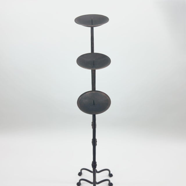 Hand Forged Iron Candelabra Set of 3 (95-115cm) Antique Copper Finish Straight Stem with Compact Arched Base For Sale - Image 4 of 6