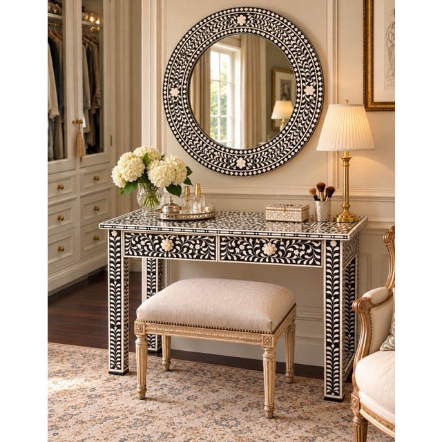 Striking handcrafted round wall mirror by Aditya Handicrafts of Jodhpur, Rajasthan, India, dating to 2021. The broad...