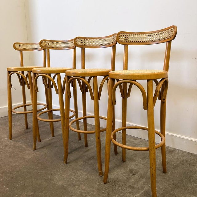 Vintage Italian Bentwood and Cane Bar Stools, 1970s, Set of 4 For Sale - Image 10 of 12
