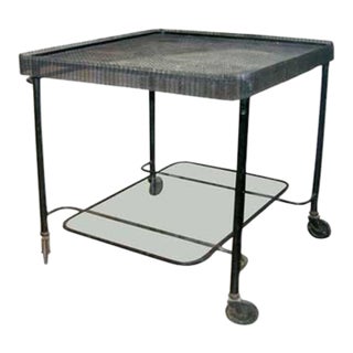 Mathieu Matégot Metal Bar Cart, Glass Lower Shelf, Pleated Apron, France, 1950s For Sale