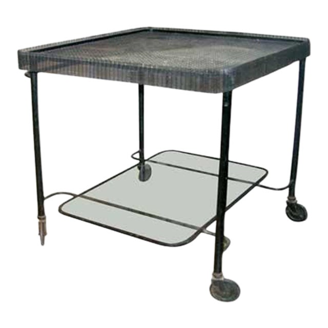 Mathieu Matégot Metal Bar Cart, Glass Lower Shelf, Pleated Apron, France, 1950s For Sale