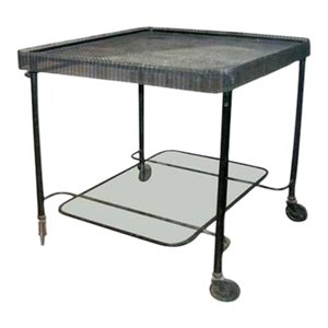 Mathieu Matégot Metal Bar Cart, Glass Lower Shelf, Pleated Apron, France, 1950s