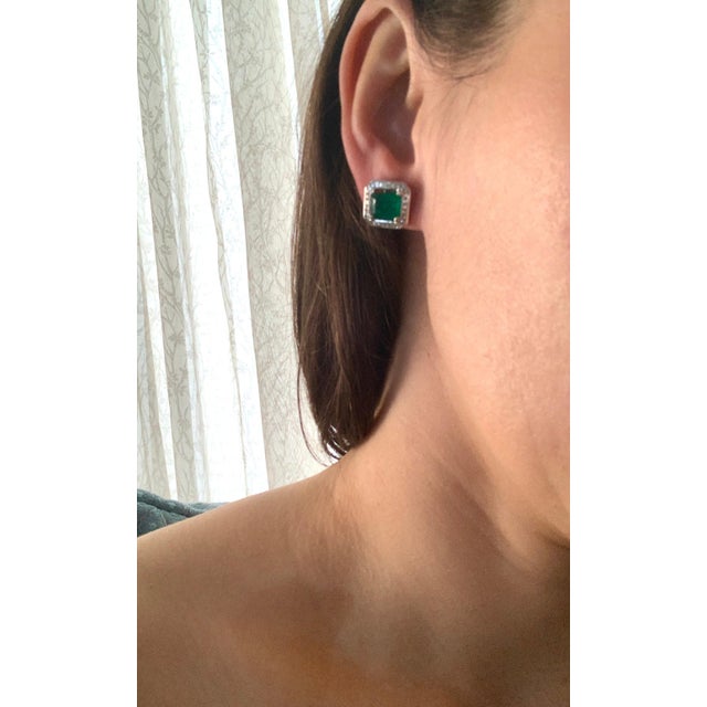 AGL Certified Minor Traditional 5 Carat Colombian Emerald Diamond Stud Earrings For Sale - Image 12 of 18