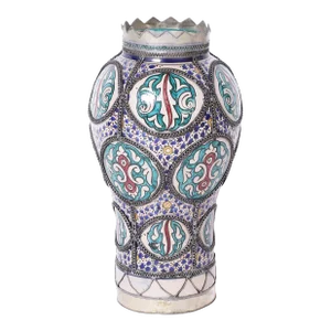 Vintage Moroccan Glazed Earthenware and Metal Vase