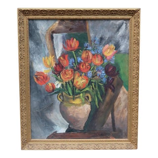 1940s Large French Oil Painting – Floral Still Life With Tulips – Ornate Giltwood Frame – French Art For Sale
