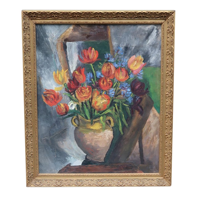 1940s Large French Oil Painting – Floral Still Life With Tulips – Ornate Giltwood Frame – French Art For Sale