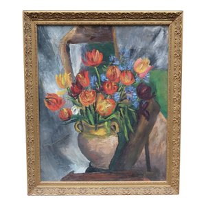 1940s Large French Oil Painting – Floral Still Life With Tulips – Ornate Giltwood Frame – French Art