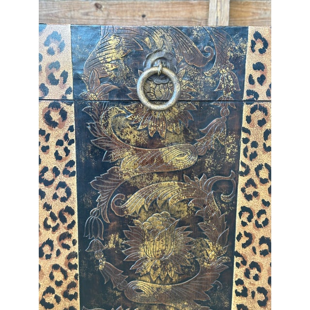 1990s Regency Safari Cheetah Gilt Embossed Metal Claw Feet Trunk For Sale - Image 4 of 12