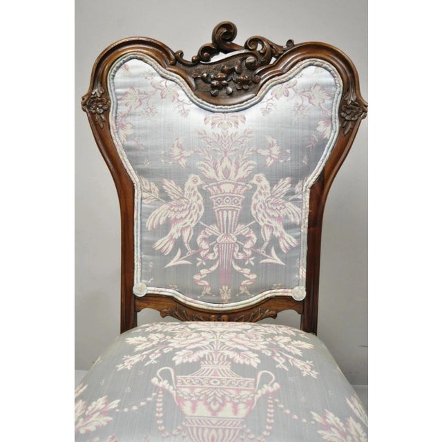 Early 20th Century Victorian Floral Scrollwork Carved Mahogany Parlor Slipper Side Chairs - A Pair For Sale - Image 4 of 11