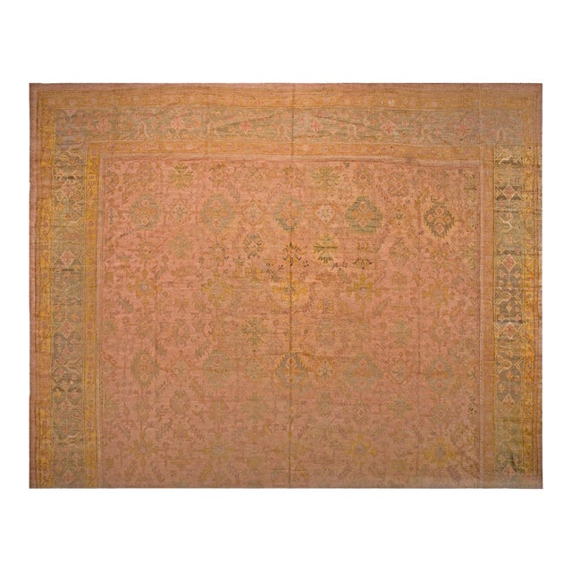 1900s Orange Peach Floral Geometric Antique Turkish Oushak Rug 17' 6" X 18' Knotted Pile Wool Carpet For Sale
