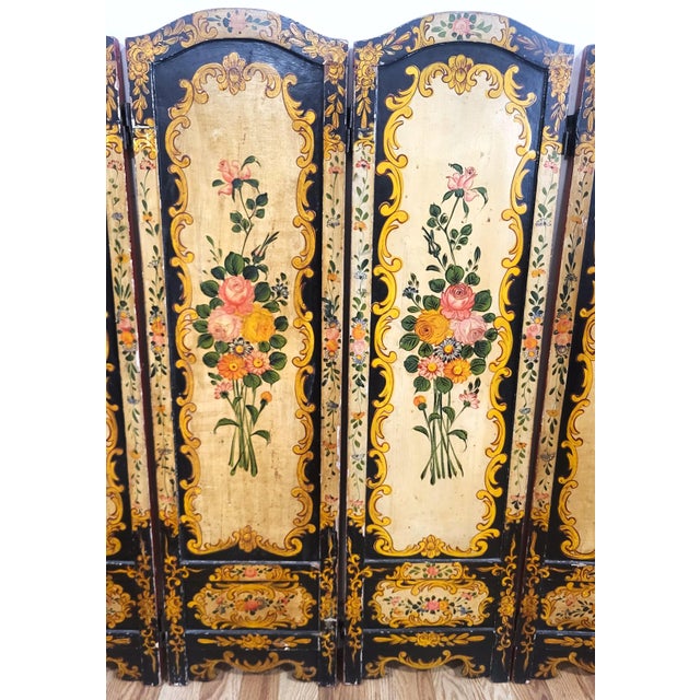 Antique Italian Floral Scarlet & Black Venetian Painted 4 Panel Folding Screen For Sale - Image 13 of 15