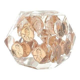 1976 Bicentennial Pop Art Mid Century Modern Geometric Lucite Sculpture of Pennies For Sale