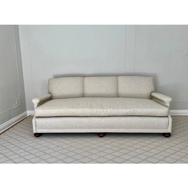 Mid 20th Century Sofa in Linen and Down Upholstery and Bun Feet For Sale - Image 5 of 11